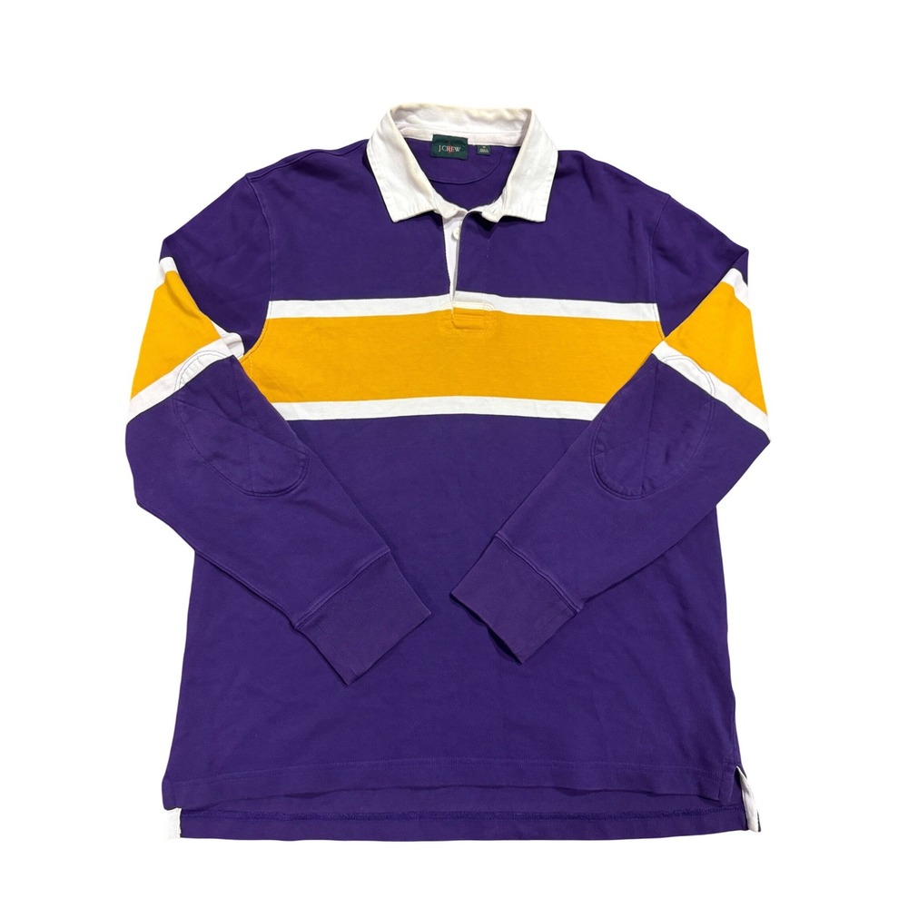 J.Crew Mens Rugby Shirt Purple Yellow Stripe Elbow Patch BL221 Size Medium